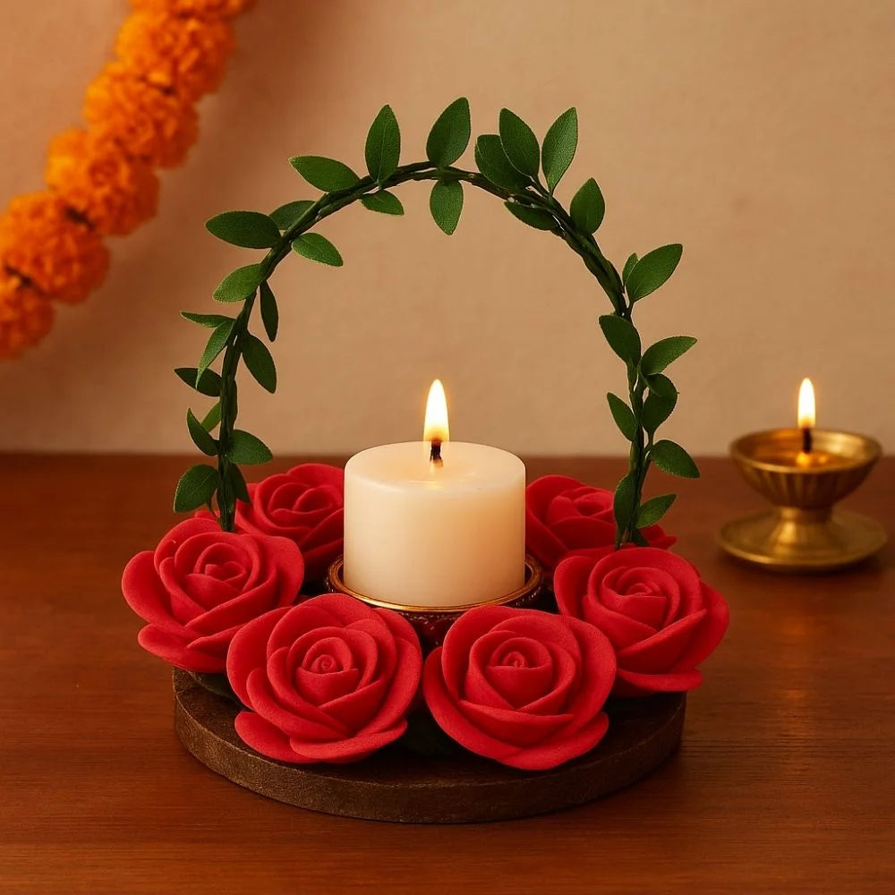 Decorative Cow Dung Cake Tealight Holder with Foam Roses