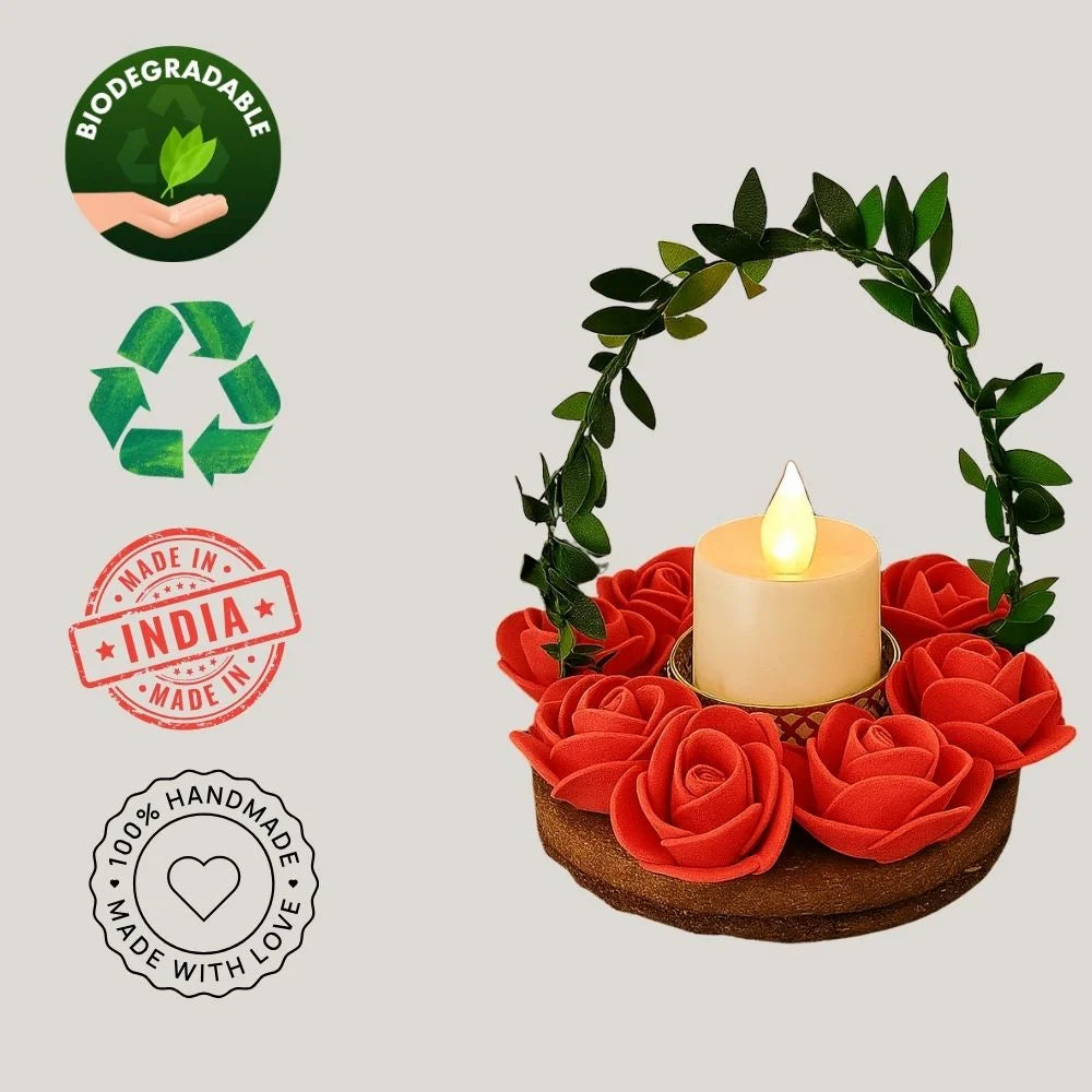 Decorative Cow Dung Cake Tealight Holder with Foam Roses