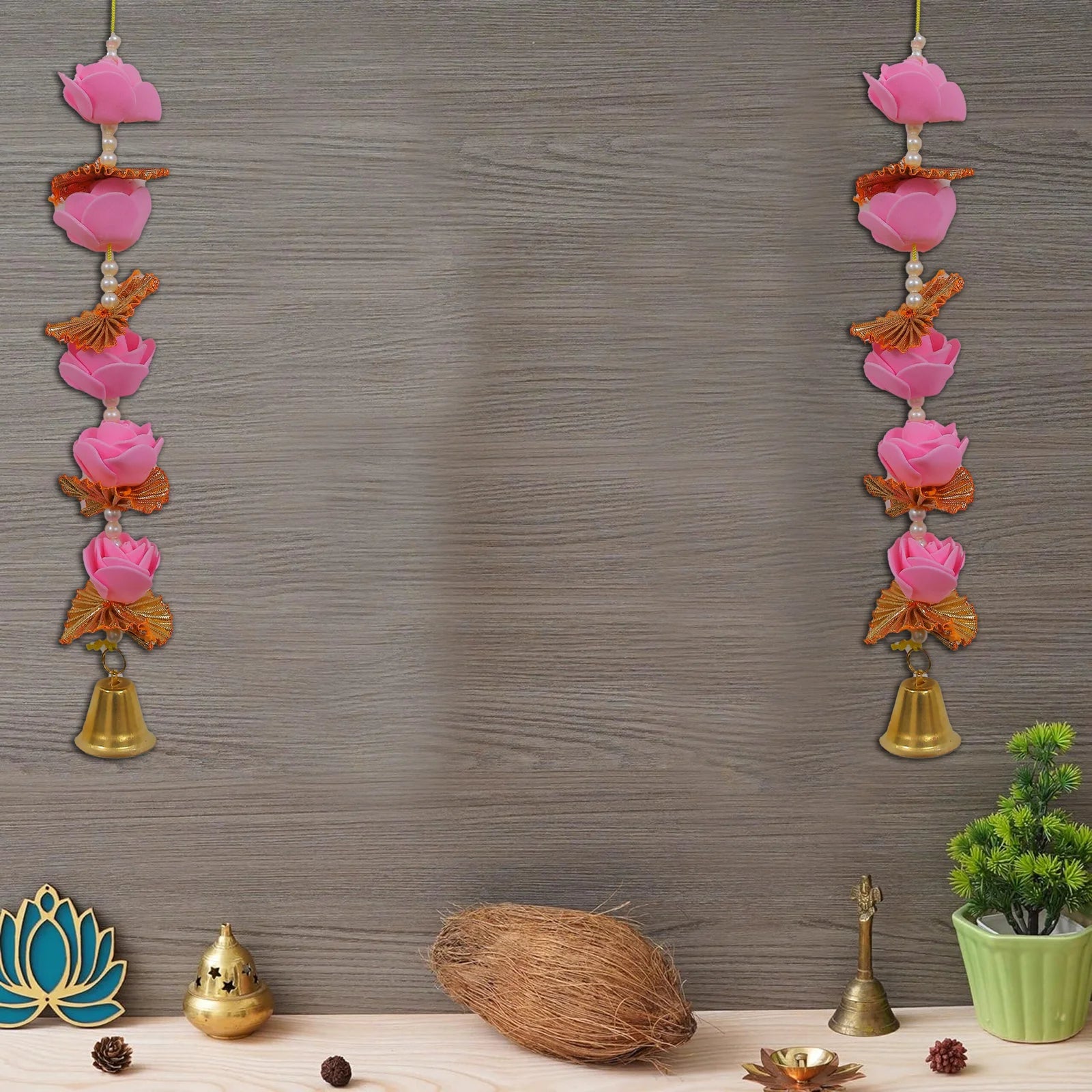 Pink & Golden Hanging Toran with Golden Bell (Set of 2)